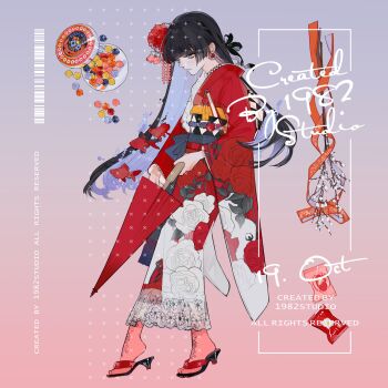 Rule 34 | 1girl, artist name, barcode, black bow, black hair, blue eyes, blue hair, blunt bangs, bow, box, branch, candy, chinese commentary, closed umbrella, colored inner hair, earrings, fish, floral print, floral print kimono, flower, folded fan, folding fan, food, full body, gem, goldfish, gradient background, grey background, hair bow, hair ornament, hand fan, highres, holding, holding umbrella, japanese clothes, jewelry, kanzashi, kimono, lace, lace-trimmed kimono, lace trim, long sleeves, looking down, multicolored hair, nickel nike, obi, obijime, oil-paper umbrella, original, parted lips, pink background, pink socks, print kimono, print socks, profile, purple umbrella, red gemstone, red kimono, red ribbon, ribbon, rose print, sandals, sash, shoe dangle, socks, solo, standing, stud earrings, tabi, tsumami kanzashi, umbrella, white flower, wide sleeves