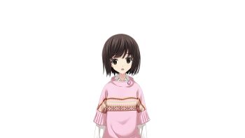 1girl bob_cut brown_eyes brown_hair chaos;child child collared_shirt game_cg highres looking_at_viewer matsuo_yukihiro non-web_source official_art open_mouth pink_sweater science_adventure shirt short_hair solo sprite surprised sweater swept_bangs tachibana_yui transparent_background white_shirt