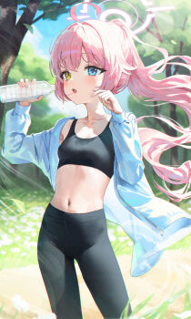 1girl absurdres ahoge alternate_costume bare_shoulders black_pants blue_archive blue_eyes blue_sky blurry blurry_background blush bottle breasts cowboy_shot damcheong day exercising heterochromia highres hoshino_(blue_archive) jacket loli midriff navel off_shoulder open_clothes open_jacket outdoors pants sky small_breasts solo sports_bra standing stomach sweat water_bottle wet yellow_eyes