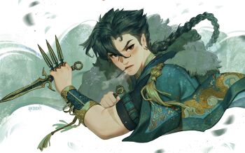 1boy amonimy arm_garter artist_name black_shirt blush bracer braid brown_eyes cape cloak cloud commentary dagger floral_print fur-trimmed_cape fur_trim green_background green_cape green_cloak green_hair green_trim highres holding holding_dagger holding_knife holding_weapon knife light_particles long_hair looking_at_viewer male_focus mullet open_mouth original portrait print_cape shirt single_braid snake_print solo symbol-only_commentary tassel upper_body weapon