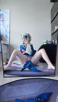 Rule 34 | cosplay, cosplay photo, gawr gura, gawr gura (1st costume), gawr gura (cosplay), iruri, photo (medium), spread legs, thick thighs, thighs