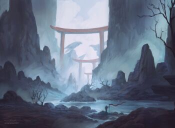 1other banner bare_tree bird boulder cloud cloudy_sky commentary crow english_commentary fog highres holding holding_banner jjcanvas landscape mountain original painterly rock scenery signature sky statue torii tree valley water