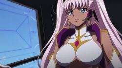 1girl animated anime_screenshot blue_eyes breasts catherine_sabathra code_geass code_geass:_dakkan_no_roze dark_skin highres large_breasts leotard lips long_hair pink_hair revealing_clothes sideboob solo twintails underboob very_long_hair video white_leotard