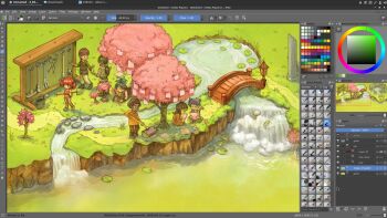 3boys 4girls afro animal_ears belt boots brown_eyes brown_hair brown_pants cat_ears cat_tail column david_revoy full_body gardening grass grey_hair grin hair_ribbon highres hoe holding holding_shovel multiple_boys multiple_girls orange_tank_top outdoors pants pillar pond ponytail rake red_hair ribbon rock scissors shirt shoes shovel smile stream tail tank_top tools tree vest water waterfall watering_can