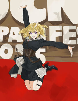 1girl absurdres arm_up bang_dream! bang_dream!_it&#039;s_mygo!!!!! black_dress black_socks blonde_hair breasts brown_corset commentary corset doloris_(bang_dream!) dress earrings highres jewelry jumping kneehighs long_sleeves looking_at_viewer medium_breasts medium_hair misumi_uika open_mouth photo-referenced purple_eyes rainbow_hose sasaki_rico_(voice_actor) socks solo symbol-only_commentary voice_actor_connection