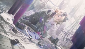 1girl 25-ji_rin black_bow black_dress black_gloves black_pantyhose black_shoes blonde_hair blue_eyes blurry bow colorful_palette depth_of_field dress dutch_angle full_body game_cg gloves hair_bow highres kagamine_rin medium_hair official_alternate_costume official_art pantyhose project_sekai shoes solo spool third-party_source tomoshibi_wo_teguri_yosete_(project_sekai) vocaloid