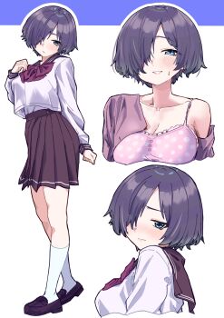 Rule 34 | 1girl, black hair, blue eyes, bow, bowtie, breasts, brown bow, brown bowtie, brown jacket, brown sailor collar, brown skirt, camisole, cleavage, hair over one eye, highres, iyashigorira12, jacket, kneehighs, light blush, looking at viewer, medium breasts, multiple views, original, pink camisole, sailor collar, school uniform, serafuku, short hair, single bare shoulder, single off shoulder, skirt, small sweatdrop, socks, solo focus, undershirt, variations, white serafuku, white socks