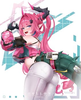 1girl arknights arknights:_endfield ass blue_eyes blush breasts commentary controller dragon_girl dragon_horns dragon_tail english_commentary game_controller hair_ornament hairclip highres hollow_mimikyu horns large_breasts long_hair looking_at_viewer midriff open_mouth pants pink_hair pointy_ears signature smile solo tail white_pants yvonne_(arknights)