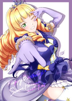 1girl \m/ bead_necklace beads blunt_bangs border bow breasts double_\m/ dress drill_hair elbow_gloves frills garter_straps gloves green_eyes grin happy_birthday heanna_sumire highres jewelry light_blush looking_at_viewer love_live! love_live!_superstar!! medium_breasts necklace nonfiction!!_(love_live!) noochan_chonoda one_eye_closed outside_border puffy_short_sleeves puffy_sleeves purple_border purple_bow purple_dress purple_gloves short_sleeves signature simple_background smile solo teeth thighhighs tiara upper_body watermark white_background white_thighhighs yellow_bow zettai_ryouiki