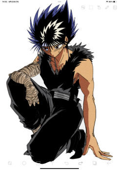 1boy bandaged_arm bandages black_hair gradient_background hiei4455 hiei_(yu_yu_hakusho) kneeling male_focus red_eyes shirt sleeveless sleeveless_shirt solo spiked_hair torn_clothes torn_sleeves white_background yuu_yuu_hakusho