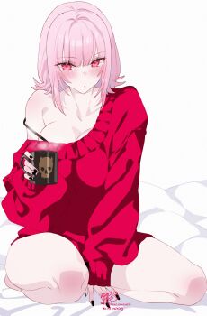 1girl absurdres alternate_costume alternate_hairstyle between_legs black_nails blunt_bangs bra_strap breasts cleavage collarbone commentary cup full_body hand_between_legs highres holding holding_cup hololive hololive_english kamiya_maneki large_breasts medium_hair mori_calliope nail_polish no_pants pink_eyes pink_hair purple_sweater simple_background single_bare_shoulder single_off_shoulder sitting sleeves_past_wrists solo strap_slip sweater virtual_youtuber white_background