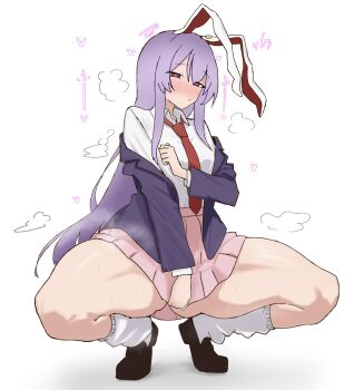 Rule 34 | 1girl, animal ears, black jacket, black shoes, blazer, blush, closed mouth, collared shirt, commentary, full body, hair between eyes, half-closed eyes, hand up, heart, heart-shaped pupils, highres, jacket, kneehighs, loafers, long hair, long sleeves, looking at viewer, loose socks, miniskirt, necktie, off shoulder, open clothes, open jacket, peace peace009, pink skirt, pleated skirt, purple hair, rabbit ears, rabbit girl, red eyes, red necktie, reisen udongein inaba, shirt, shirt tucked in, shoes, sidelocks, simple background, skirt, skirt tug, socks, solo, spread legs, squatting, steaming body, sweat, symbol-shaped pupils, thighs, tiptoes, touhou, translation request, very long hair, white background, white shirt, white socks