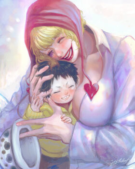 1boy 1girl black_hair blonde_hair breasts closed_eyes commentary_request donquixote_rocinante facepaint genderswap genderswap_(mtf) hat heart highres hood hoodie huge_breasts minamoto_(tomonami_66) one_piece red_hat red_lips simple_background smile trafalgar_law white_hat yellow_hoodie