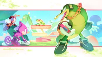 absurdres blue_sky charmy_bee closed_mouth espio_the_chameleon frog gloves grass highres miitara open_mouth sky sonic_(series) vector_the_crocodile white_gloves