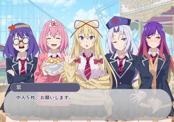 5girls alternate_costume amusement_park blue_eyes blush bread breasts cardigan closed_eyes closed_mouth collared_shirt commentary_request contemporary cross crossed_arms diagonal-striped_clothes diagonal-striped_necktie eating embarrassed ferris_wheel food glasses gradient_hair grey_hair groucho_glasses hair_ribbon hand_on_own_hip happy hat hijiri_byakuren jacket looking_at_viewer melon_bread miniskirt multicolored_hair multiple_girls necktie nurse_cap one_eye_closed open_clothes open_jacket open_mouth outdoors pink_cardigan pink_hair pleated_skirt purple_hair purple_hat red_cross red_necktie red_ribbon ribbon roller_coaster saigyouji_yuyuko school_uniform shirt skirt smile striped_clothes sweatdrop touhou to~fuya translation_request triangular_headpiece visual_novel white_shirt yagokoro_eirin yakumo_yukari yasaka_kanako yellow_cardigan