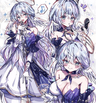 Rule 34 | 1girl, aqua eyes, bare shoulders, bead bracelet, beads, bracelet, breasts, cleavage, closed mouth, commentary, cosmetics, cup, detached sleeves, dress, drinking glass, earrings, face jewel, gloves, hair between eyes, halo, hand up, head wings, highres, holding, holding cup, holding lipstick tube, holding microphone, holding microphone stand, honkai: star rail, honkai (series), jewelry, large breasts, lipstick tube, long hair, looking at viewer, microphone, microphone stand, multiple views, music, musical note, open mouth, purple dress, purple hair, robin (honkai: star rail), short sleeves, singing, spoken musical note, standing, two-tone dress, usa (usagi minku), white dress, white gloves, white wings, wings