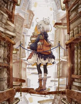 1girl ahoge backpack bag black_pantyhose blonde_hair blue_coat book bookshelf boots brown_boots coat colored_inner_hair commentary_request dress expressionless fantasy floating_stairs full_body grey_eyes hair_bun hair_ornament holding holding_book indoors kona_(konahana) library multicolored_hair original pantyhose pouch profile single_hair_bun solo white_dress white_hair x_hair_ornament