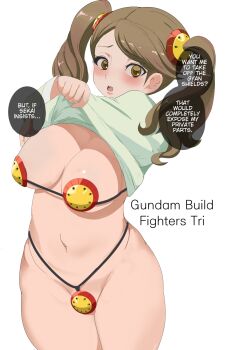 1girl bikini breasts brown_hair female_focus gundam gundam_build_fighters gundam_build_fighters_try hair_ornament highres large_breasts long_hair looking_at_viewer makoto_daikichi sazaki_kaoruko swimsuit translated twintails