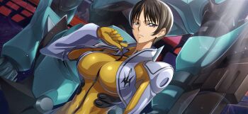 1girl arm_at_side armor artist_request bodysuit breasts brown_hair chiba_nagisa closed_mouth code_geass code_geass:_lost_stories cropped_vest dutch_angle female_focus game_cg gekka_(code_geass) grey_vest hand_up highres large_breasts light_particles light_rays looking_at_viewer matching_hair/eyes night non-web_source official_art outdoors shiny_clothes short_hair shoulder_armor sidelocks skin_tight solo standing upper_body v-shaped_eyebrows vest yellow_bodysuit zipper_pull_tab