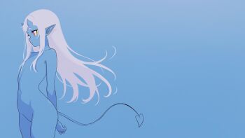 1girl absurdres arms_behind_back bare_shoulders blending blue_background closed_mouth commentary completely_nude convenient_hair cowboy_shot demon_tail english_commentary expressionless flat_chest from_side highres horns indie_virtual_youtuber kuu_(kuutuber) kuutuber long_hair multicolored_eyes no_pussy nude orange_eyes pointy_ears purple_eyes simple_background skin-covered_horns solo tail two-tone_eyes virtual_youtuber white_hair