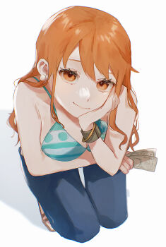 1girl 2022 bangle banknote bare_shoulders bikini bikini_top_only blue_pants bracelet breasts closed_mouth commentary_request denim from_above full_body green_bikini hand_on_own_cheek hand_on_own_face highres holding holding_money jeans jewelry large_breasts log_pose long_hair looking_at_viewer machida_0906 money nami_(one_piece) nami_(one_piece)_(return_to_sabaody) one_piece orange_eyes orange_hair pants sandals sidelocks smile solo squatting striped_bikini striped_clothes swimsuit white_background