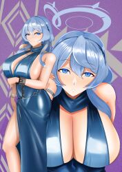 Rule 34 | aru (blue archive), aru (dress) (blue archive), background character, blue archive, blue dress, blue eyes, blue hair, breasts, dress, halo, highres, large breasts, looking at viewer