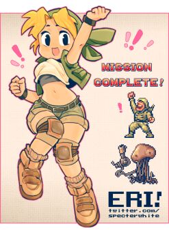 ! 1boy 1girl arm_up artist_name bandana belt black_eyes blonde_hair boots border brown_belt brown_boots brown_socks character_name clenched_hands commentary crop_top full_body green_bandana green_shorts green_vest kasamoto_eri knee_pads looking_at_viewer mars_people metal_slug midriff navel open_clothes open_mouth open_vest outline outside_border pink_outline short_shorts shorts smile socks solo_focus specterwhite transparent_border twitter_username vest wristband