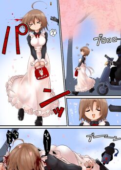 &gt;_&lt; 1boy 1girl ahoge apron bag black_shoes blood breasts brown_hair cherry_blossoms chimidoroid comic death dress falling_petals frills gun gunshot_wound guro headshot highres holding holding_bag holding_gun holding_weapon long_sleeves lying maid maid_apron moped motor_vehicle on_stomach open_mouth original petals shell_casing shoes sound_effects walking weapon white_apron