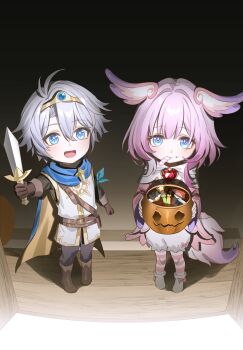 0p78xopwsj83779 blue_cape blue_eyes brown_gloves candy cape cyrene_(aedes_elysiae)_(honkai:_star_rail) cyrene_(honkai:_star_rail) food gloves halloween halloween_bucket halloween_costume head_wings highres honkai:_star_rail honkai_(series) phainon_(honkai:_star_rail) pink_hair sword tail trick_or_treat weapon white_hair wings