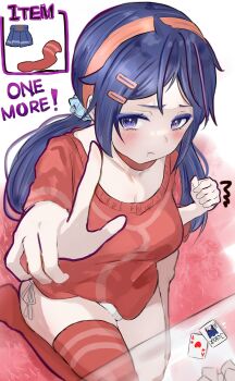 1girl :3 absurdres ajft52o4jw30403 blue_eyes blue_hair blue_hat blue_skirt blush card commentary_request cool_mita_(miside) crazy_mita_(miside) english_text hair_ornament hair_scrunchie hairband hairclip hat heart highres kneeling long_hair looking_at_viewer low_twintails miside mita_(miside) panties playing_card pointing pointing_at_viewer pout red_hairband red_shirt red_thighhighs scrunchie shirt side-tie_panties single_thighhigh skirt strip_game strip_poker thighhigh_removed thighhighs twintails underwear unworn_skirt v white_panties