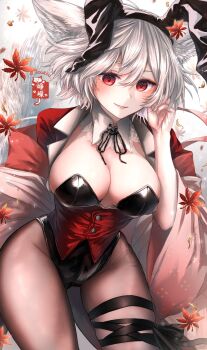 Rule 34 | 1girl, alternate costume, animal ears, black leotard, breasts, cleavage, collar, commentary request, fake animal ears, hand in own hair, highres, inubashiri momiji, jacket, large breasts, leaf, leotard, looking at viewer, maple leaf, medium hair, open clothes, open jacket, pantyhose, parted lips, playboy bunny, rabbit ears, red eyes, red jacket, red vest, slit pupils, smile, solo, soukou (artist), tail, teeth, thigh strap, thighs, touhou, twitter username, vest, white hair, wolf ears, wolf girl, wolf tail