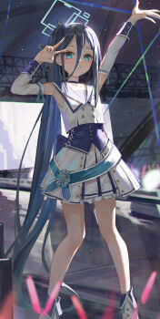 1girl absurdres aris_(blue_archive) arms_up black_hair blue_archive blue_eyes blue_halo blush bow commentary_request detached_sleeves feet_out_of_frame glowstick hair_between_eyes hair_bow halo hand_up highres idol indoors long_hair long_sleeves penlight_(glowstick) purple_bow shippo_(pixiv_18567314) shirt skirt sleeveless sleeveless_shirt smile solo stage standing v very_long_hair white_shirt white_skirt white_sleeves