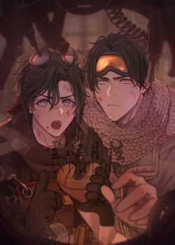 2boys :o absurdres ahoge alternate_costume alternate_hair_length alternate_hairstyle alternate_universe aviator_cap aviator_goggles black_gloves black_hair black_hat black_jacket blurry blurry_background blurry_foreground brown_hair brown_overalls brown_scarf cable closed_mouth commentary contemporary depth_of_field dirty dirty_face eating english_commentary food food_on_face ganen_cheese gloves goggles goggles_on_head grey_jacket hair_between_eyes hat highres holding holding_food jacket lan_wangji looking_at_viewer looking_up machine male_focus modao_zushi multiple_boys open_mouth overalls pointing purple_eyes scarf short_hair sweat upper_body v-shaped_eyebrows watermark wei_wuxian white_scarf wrench yaoi yellow_eyes