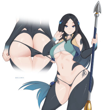 1girl arm_tattoo ass bikini bikini_bottom_only bikini_pull black_bikini black_hair blue_eyes blue_hair blue_vest blush breasts cameltoe clothes_pull from_behind hair_ornament holding holding_polearm holding_spear holding_weapon jewelry large_breasts leg_tattoo long_hair looking_at_viewer lower_body melowh midriff multicolored_hair multiple_views navel necklace open_clothes open_vest polearm sadeena shirt side-tie_bikini_bottom smile solo spear strapless swimsuit tate_no_yuusha_no_nariagari tattoo tube_top two-tone_hair underboob vest weapon white_background white_shirt