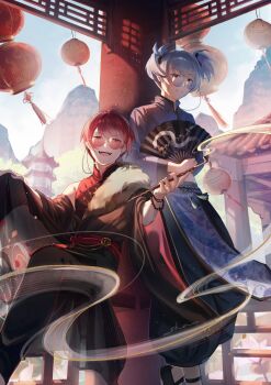 Rule 34 | 2boys, 4nimenut, :d, akabane karma, ansatsu kyoushitsu, architecture, artist name, bead bracelet, beads, black bow, black pants, black robe, black shirt, blue-tinted eyewear, blue eyes, blue hair, blue shirt, bow, bracelet, china, chinese clothes, chinese knot, clothes down, column, commentary request, cropped shirt, crossed legs, day, east asian architecture, eyewear strap, fangs, feet out of frame, flats, floral print, flower, fur shawl, glasses, good luck knot, grin, hair between eyes, hair bow, hand fan, highres, holding, holding fan, holding robe, holding smoking pipe, jewelry, koro-sensei, lantern, lattice, light particles, long sleeves, looking at viewer, male focus, mandarin collar, mountainous horizon, multiple boys, official alternate costume, open mouth, orange eyes, outdoors, pagoda, pankou, pants, parted lips, pelvic curtain, pillar, pink flower, puffy pants, red-tinted eyewear, red hair, red lining, red nails, red shirt, robe, round eyewear, shawl, shiota nagisa, shirt, short hair, short twintails, sidelighting, sitting, sky, sleeveless, sleeveless shirt, smile, smoke, smoking pipe, tassel, teeth, tile roof, tinted eyewear, twintails, two-tone shirt, upper teeth only, wide sleeves