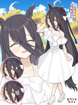 1girl :d ^_^ ahoge anger_vein animal_ears arm_behind_head bare_shoulders black_hair blue_sky blush bow breasts cleavage closed_eyes cloud comedic_sweatdrop commentary_request day dress flower hair_bow hand_up highres horse_ears horse_girl horse_tail long_hair manhattan_cafe_(umamusume) multiple_views nochatea off-shoulder_dress off_shoulder open_mouth sandals sky small_breasts smile sunflower sweatdrop tail translation_request umamusume very_long_hair white_bow white_dress white_hair white_sandals yellow_flower