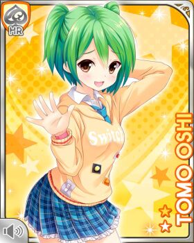 Rule 34 | 1girl, :d, arm behind head, blue necktie, blue skirt, brown eyes, card (medium), character name, embarrassed, girlfriend (kari), green hair, hood, hood down, hoodie, looking at viewer, miniskirt, necktie, official art, open hand, open mouth, oshi tomo, plaid clothes, plaid skirt, pleated skirt, qp:flapper, raised inner eyebrows, school uniform, shirt, skirt, smile, solo, standing, star (symbol), thighs, white shirt, yellow background, yellow hoodie