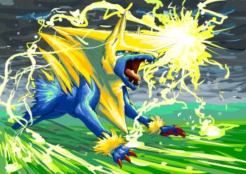 absurdres animal_focus artist_request claws cloud cloudy_sky electricity full_body gen_3_pokemon glowing glowing_eyes highres jumping looking_ahead manectric mega_manectric mega_pokemon nintendo no_humans open_mouth outdoors pokemon pokemon_(creature) red_eyes running sharp_teeth sky solo spiked_hair standing teeth