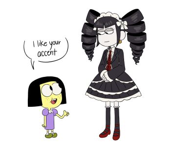 Rule 34 | 2girls, big city greens, black hair, black jacket, black skirt, black socks, bow, celestia ludenberg, collared shirt, colored skin, commentary, danganronpa: trigger happy havoc, danganronpa (series), dress, drill hair, earrings, english commentary, english text, freckles, frilled skirt, frills, full body, gothic lolita, green shoes, hair bow, height difference, high heels, highres, jacket, jewelry, kiana mai, kneehighs, lolita fashion, long hair, maid headdress, marieve herington, multiple girls, neck ribbon, necktie, open clothes, open jacket, open mouth, own hands together, pale skin, parody, puffy short sleeves, puffy sleeves, purple dress, red necktie, red shoes, ribbon, shirt, shoes, short hair, short sleeves, sidelocks, simple background, skirt, smile, socks, speech bubble, standing, style parody, teeth, tilly green, toon (style), twin drills, twintails, upper teeth only, voice actor connection, white background, white bow, white headdress, white ribbon, white shirt, white socks, yellow skin
