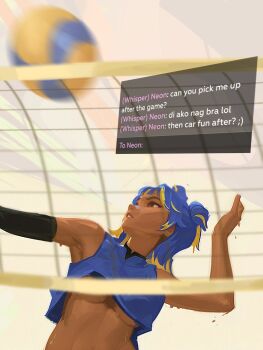 1girl ai-assisted blonde_hair blue_hair blue_shirt breasts brown_eyes highres jumping medium_breasts medium_hair motion_blur multicolored_hair neon_(valorant) no_bra pitslip shirt solo sportswear sweat two-tone_hair underboob user_interface valorant volleyball volleyball_net volleyball_uniform