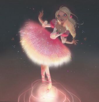 Rule 34 | 1girl, ballerina, ballet slippers, barbie (character), barbie (franchise), barbie in the 12 dancing princesses, bare shoulders, black background, blonde hair, blue eyes, bow, brooch, collarbone, commentary, english commentary, flower, flower brooch, frilled sleeves, frills, full body, genevieve (barbie), gold necklace, gradient background, hair bow, happy, highres, jewelry, layered sleeves, leaf, leaning to the side, leg ribbon, leotard, light particles, lipstick, long hair, long sleeves, looking ahead, makeup, medium skirt, necklace, off-shoulder leotard, open mouth, pink bow, pink flower, pink lips, pink ribbon, pink rose, pink shoes, pink skirt, pink sleeves, puffy short sleeves, puffy sleeves, ribbon, rose, shoes, short over long sleeves, short sleeves, skirt, sleeved leotard, smile, solo, standing, stardust axel, teeth, three-quarter sleeves, tutu, upper teeth only, white leotard