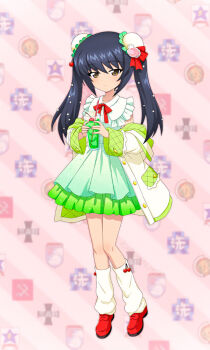 anglerfish bored cherry coat double_bun drinking_straw fish food fruit girls_und_panzer girls_und_panzer_senshadou_daisakusen! glass hair_bun hair_ribbon highres ice ice_cube knees logo loose_socks melon_soda off_shoulder official_alternate_costume official_art red_shoes reizei_mako ribbon shoes socks twintails