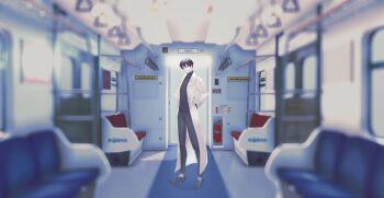 1boy absurdres black_hair black_shirt ceiling_light coat full_body hand_grip hands_in_pockets hashtag-only_commentary highres indoors kim_dokja llyuzurull looking_at_viewer male_focus omniscient_reader's_viewpoint open_clothes open_coat scenery shirt short_hair solo standing train_interior white_coat wide_shot