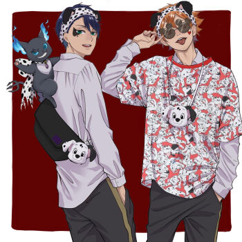 101_dalmatians 2boys absurdres ace_trappola animal_ears animal_print blue_hair commentary_request cowboy_shot creature deuce_spade dog_ears dog_print fake_animal_ears glasses green_eyes grim_(twisted_wonderland) hand_in_pocket highres looking_at_viewer male_focus multiple_boys orange_hair red_background shirt short_hair simple_background tongue tongue_out twisted_wonderland ukichan12011