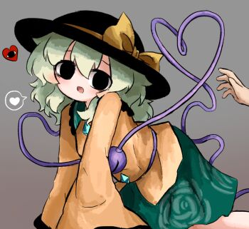 1girl 1other :d all_fours black_eyes black_hat bow buttons diamond_button floral_print frilled_shirt_collar frills gradient_background green_skirt grey_background hat hat_bow heart heart_of_string heripantomorrow komeiji_koishi long_hair open_mouth out_of_frame raised_inner_eyebrows rose_print skirt smile spoken_heart third_eye touhou yellow_bow