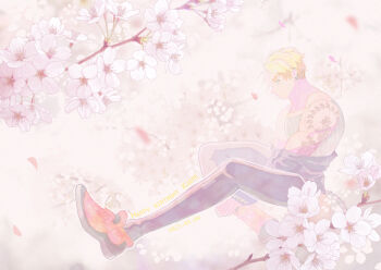 Rule 34 | 1boy, blonde hair, cherry blossoms, ear piercing, fingerless gloves, full body, gloves, hanagata kaede, kemono jihen, male focus, neu (5smey06), petals, piercing, profile, short hair, shoulder tattoo, solo, tank top, tattoo