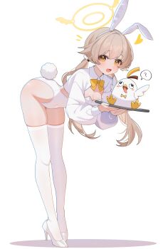 1girl :d ? absurdres alternate_costume animal_ear_hairband animal_ears bent_over blue_archive bow bowtie breasts brown_eyes brown_hair commentary fake_animal_ears fake_tail full_body hairband halo heart hifumi_(blue_archive) high_heels highleg highleg_leotard highres holding holding_tray leaning_forward leotard long_hair long_sleeves notice_lines open_mouth peroro_(blue_archive) playboy_bunny puffy_long_sleeves puffy_sleeves rabbit_ear_hairband rabbit_ears rabbit_tail shoes shrug_(clothing) shusuchii simple_background small_breasts smile solo speech_bubble spoken_question_mark strapless strapless_leotard symbol-only_commentary tail thighhighs tray white_background white_leotard white_shoes white_shrug white_thighhighs yellow_bow yellow_bowtie yellow_halo
