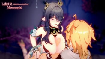 1boy 1girl 3d aether_(genshin_impact) ahoge animated antlers armor bare_shoulders black_hair blinking blonde_hair blue_eyes bottomless bouncing_breasts braid breast_press breasts breasts_out breasts_squeezed_together breath clothing_cutout curvy deep_skin deer_antlers dress earrings elf flower from_above frottage full_body gauntlets genshin_impact grabbing_another&#039;s_breast gradient_eyes gradient_hair grass groping hair_between_eyes hair_over_one_eye half-closed_eyes hands_on_another&#039;s_thighs head_tilt height_difference high_heels hill hip_vent horn_ornament horns huge_breasts jewelry kneeling large_breasts lauma_(genshin_impact) lips long_hair long_sidelocks looking_at_another multicolored_eyes multicolored_hair nipples nose open_clothes open_dress open_mouth outdoors over_shoulder paizuri pale_skin partially_undressed penis pink_eyes pointy_ears raised_eyebrows ring rock scarf shinaosumata sidelocks single_braid sleeveless sleeveless_dress smile smug spread_legs standing swept_bangs tagme thighs tongue very_long_hair video