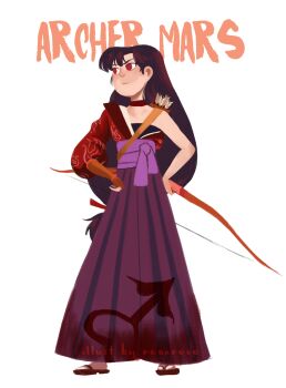 Rule 34 | 1girl, alternate costume, archery, arrow (projectile), artist name, bishoujo senshi sailor moon, black hair, bow (weapon), commentary, english commentary, full body, hakama, highres, hino rei, holding, holding bow (weapon), holding weapon, japanese clothes, kimono, kyuudou, long hair, looking to the side, mars symbol, obi, purple hakama, purple sash, quiver, red eyes, red kimono, renareve, sandals, sash, simple background, solo, tabi, weapon, white background