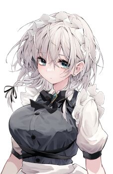 1girl :| absurdres alternate_breast_size_(larger) alternate_costume aqua_eyes black_bow black_bowtie black_dress black_ribbon blush bow bowtie braid breasts closed_mouth commentary diamond_brooch dress earrings grey_hair hair_ribbon highres hira-san izayoi_sakuya jewelry large_breasts looking_at_viewer maid maid_headdress medium_hair pinafore_dress ribbon shirt short_sleeves simple_background sleeveless sleeveless_dress solo stud_earrings touhou twin_braids upper_body white_background white_shirt